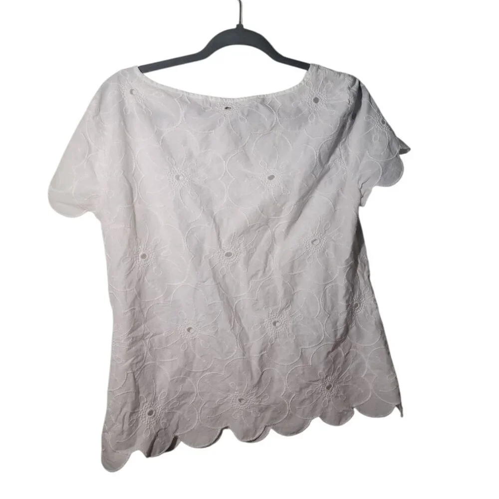 LOFT Whimsy Croquet Embroidered Floral Texture Scalloped Hemline Top - Picture 1 of 4